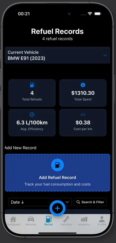Car Brain refuel records with cost and efficiency totals